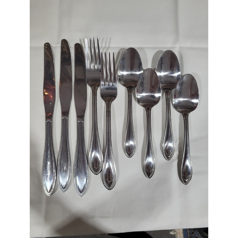Pfaltzgraff American Bead 18/0 Stainless Flatware 9pc Set Spoons Forks Knives